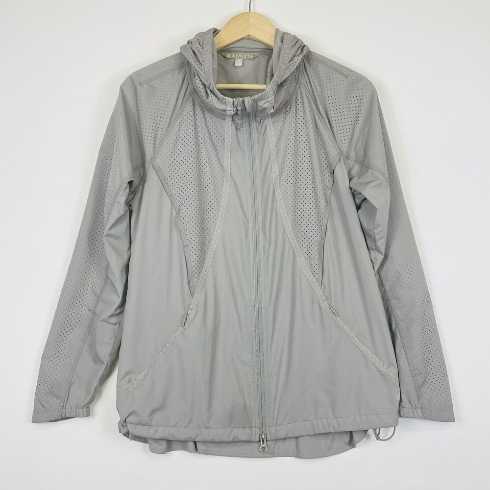 Athleta Catalina Grey Mesh Panel Hooded Windbreaker Packable Jacket Womens Small